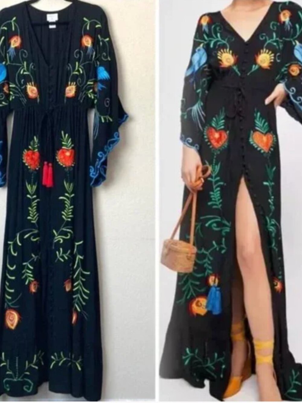 Bird Hearts Goth Bohemian Embroidered Black Hearts Magic Long Maxi Gown KImono